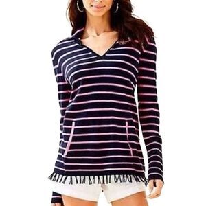 Lilly Pulitzer Crestwood Fringe Pullover‎ Sweater Top Pink/Blue Stripe Small